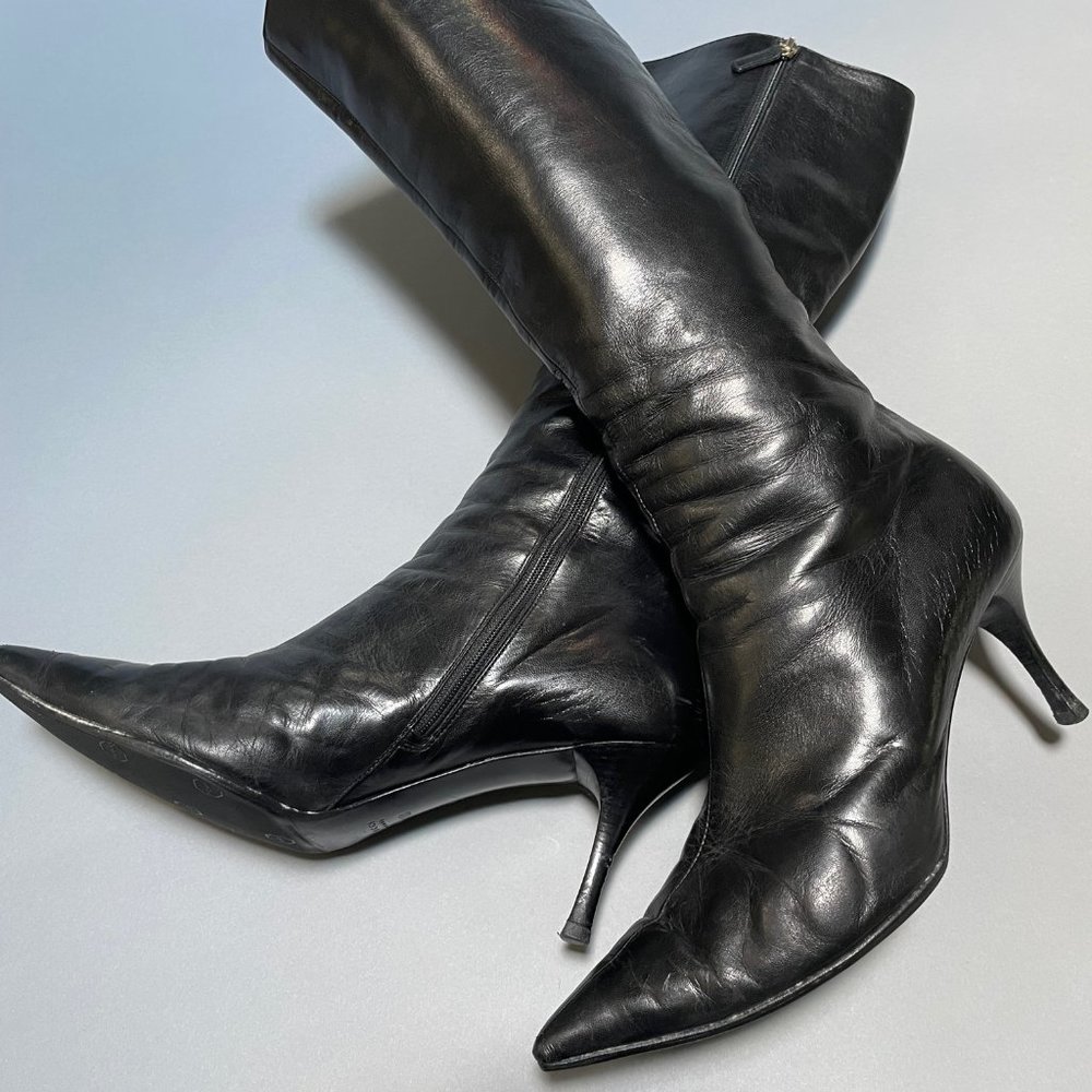 GUCCI Knee-high Black Leather Stiletto Heeled Boots size 11B / 43